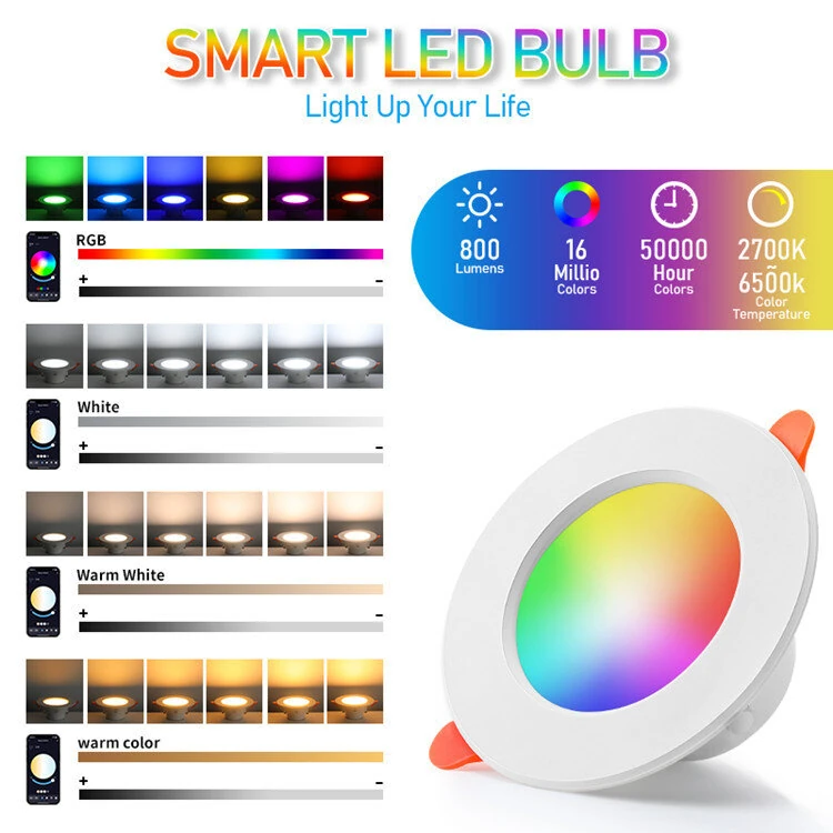 (image for) 10W LED Smart Downlight RGB+CCT 16 Million Colors 2700K~6500K 800 Lumens Works With Alexa Voice Tuya Bluetooth APP Control